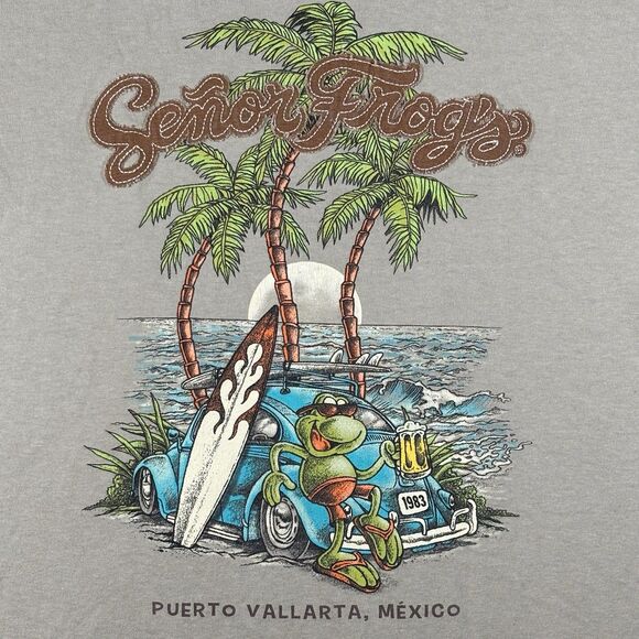 Vintage SENOR FROG’S T Shirt Beige Graphics Surfer Frog Beach Setting - Picture 2 of 7